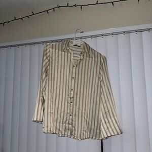 Zara Women’s Cream and Brown Striped Satin Shirt